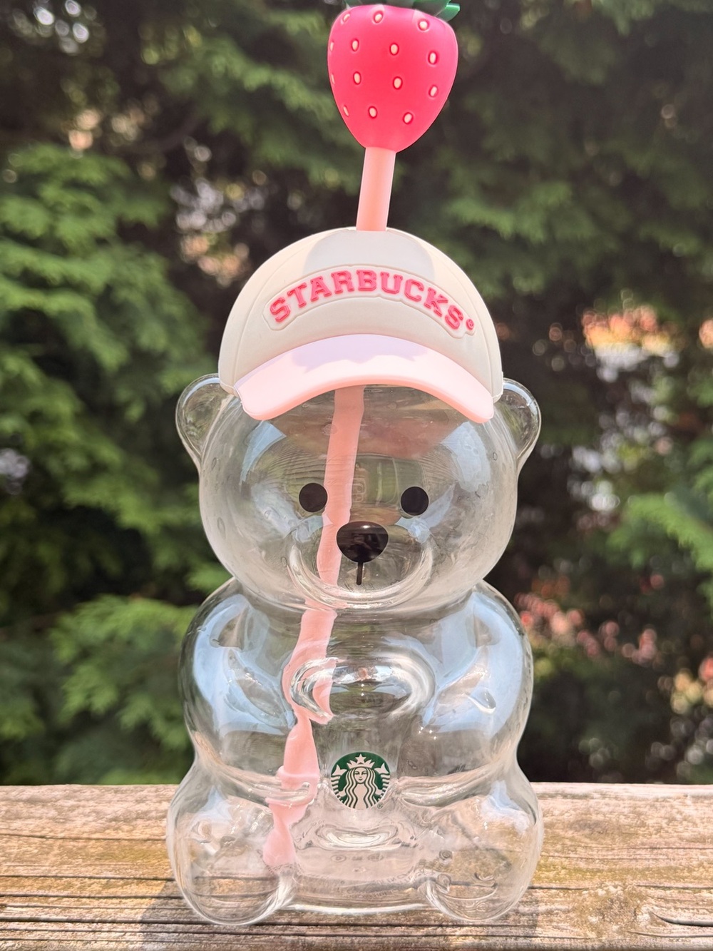 Starbucks Bearista Clear Bear Tumbler with Pink Straw and White Pink Cap